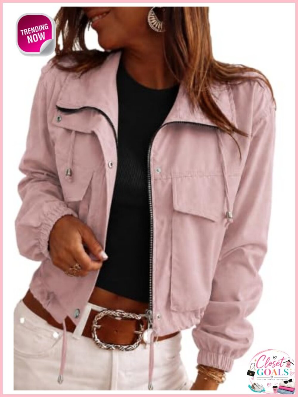 Women Cropped Lightweight Bomber Jacket Zip Up Utility Pocket